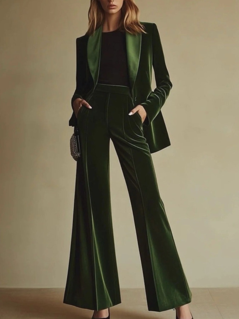 Velvet Blazer and Wide-Leg Pants Set